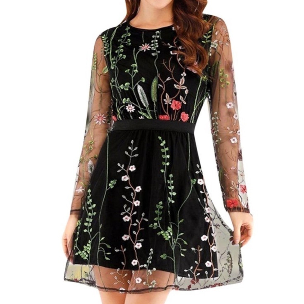 Floral garden sheer sleeve embroidered overlay dress party cocktail tulle like L - Picture 1 of 14
